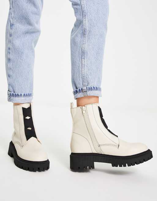 London Rebel - Stivaletti alla caviglia con suola spessa e parte elasticizzata sul davanti, colore crema