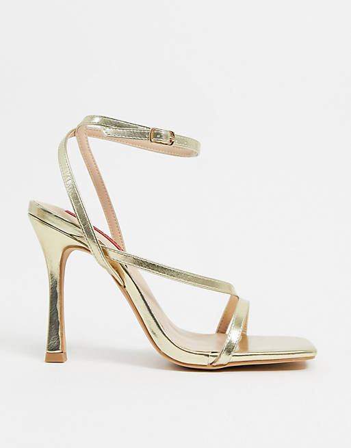 London Rebel strappy square toe heeled sandals in gold | ASOS