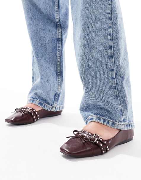 London Rebel studded buckle ballet shoe in patent burgundy - view 1