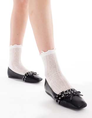 London Rebel Studded Buckle Ballet Shoes In Black