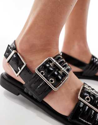 London Rebel Studded Buckle Detail Sandals In Black