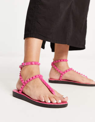 studded t-bar ankle strap jelly sandals in pink-Multi