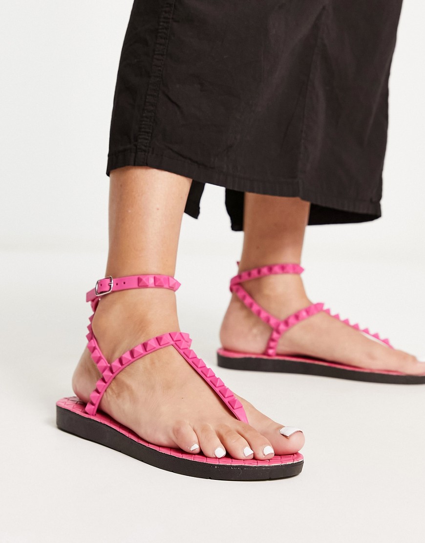 London Rebel studded T-bar ankle strap jelly sandals in black