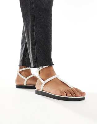 London Rebel Studded T-bar Ankle Strap Jelly Sandals In White