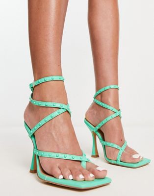 London Rebel Studded Toe Loop Strappy Heeled Sandals In Green