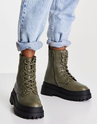 London Rebel Super Chunky Lace Up Ankle Boots In Khaki-green