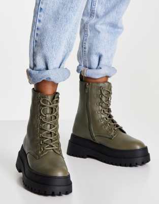 London Rebel super chunky lace up ankle boots in khaki - ASOS Price Checker