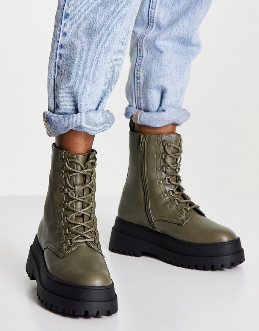 super chunky lace up ankle boots in khaki-Green