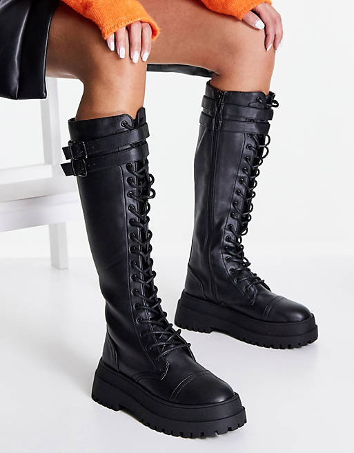 London Rebel super chunky lace up knee boots with straps | ASOS