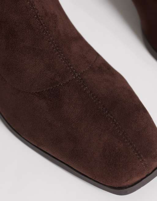 London Rebel Tabitha faux suede block heeled ankle boots in chocolate, 4 of 4