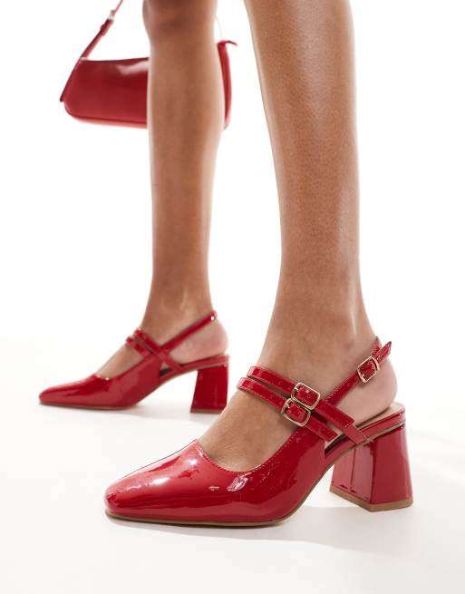 London Rebel – Talia – Schuhe in Rot mit Fersenriemen und mittelhohem Blockabsatz
