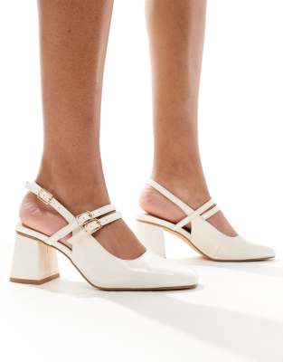 London Rebel Wide Fit London Rebel Talia wide fit slingback mid block heel in cream-White