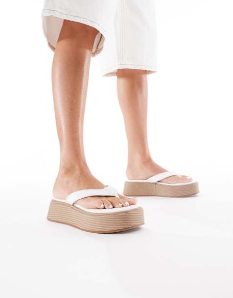 London Rebel thong flatform espadrille sandal in white PU - view 1