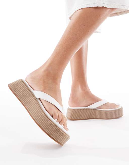 London Rebel thong flatform espadrille sandals in white PU