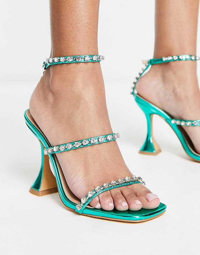 London Rebel - three part embellished flare heeled sandals in green metallic