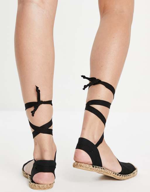 ESPADRILLES SANDALS in Black Leather. Summer Flat Shoes. -  UK