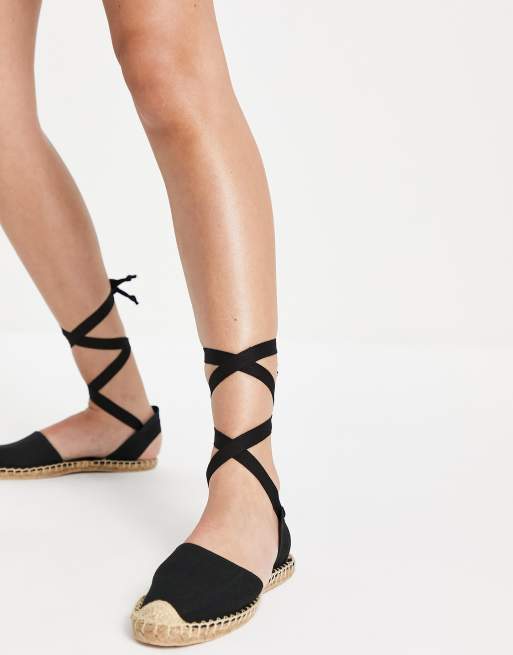 ESPADRILLES SANDALS in Black Leather. Summer Flat Shoes. -  UK