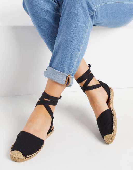 London Rebel tie leg flat espadrilles in black | ASOS