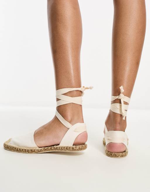 London Rebel Tie Leg Flat Espadrilles in natural-White