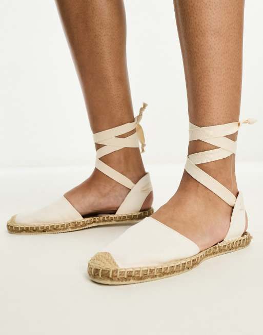 London Rebel Tie Leg Flat Espadrilles in natural-White