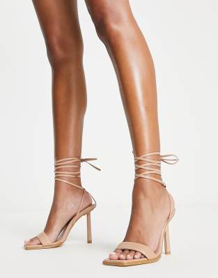 London Rebel London Rebel tie leg square toe heeled sandals in beige-Neutral