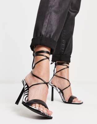 London Rebel London Rebel tie leg square toe heeled sandals in zebra-Multi