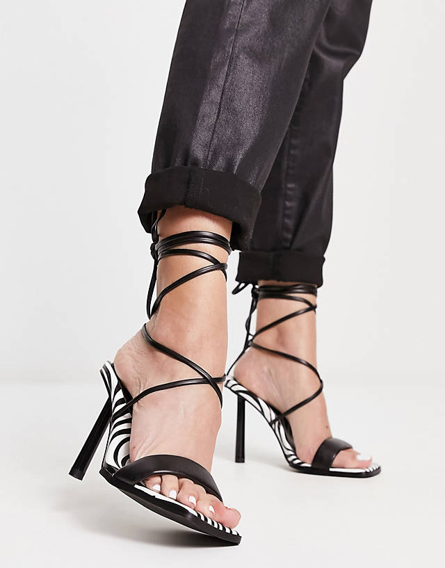 London Rebel - tie leg square toe heeled sandals in zebra