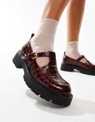 London Rebel Tilly Chunky Mary Janes In Burgundy Croc-red