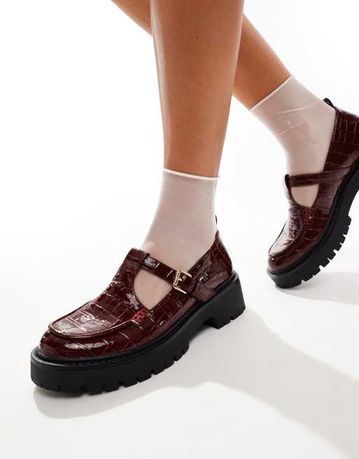 London Rebel Chunky Mary Janes in Burgundy croc Red