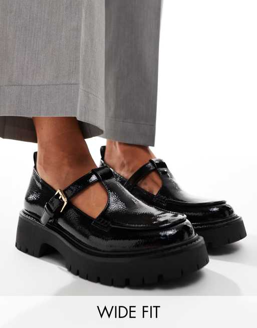 London Rebel - Tilly - Mary Jane schoenen met brede pasvorm en dikke zool in gekreukt zwart