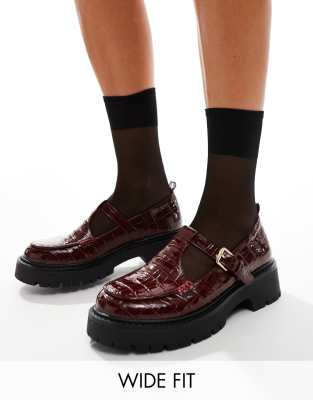 London Rebel Wide Fit London Rebel Tilly wide fit chunky mary jane in burgundy croc-Red