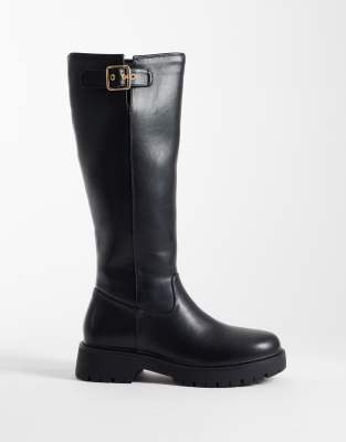 London Rebel Trista Chunky Knee Boots With Buckle Details In Black