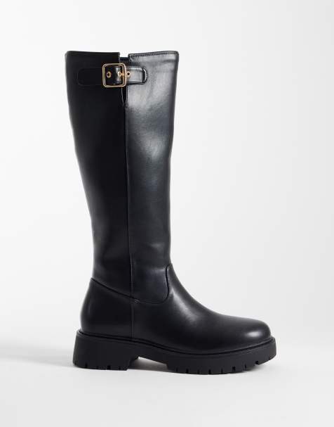 London Rebel Trista chunky knee boots with buckle details in black - view 1