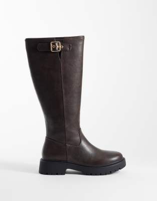 London Rebel Trista Chunky Knee Boots With Buckle Details In Brown