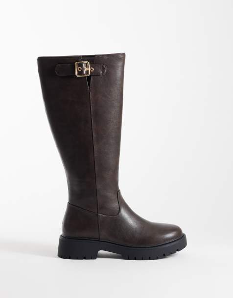 London Rebel Trista chunky knee boots with buckle details in brown - view 1