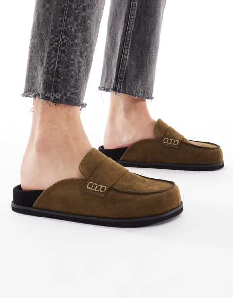 London Rebel Violet slip on mules in olive suedette - view 1