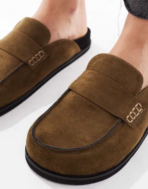 London Rebel Violet slip on mules in olive suedette, 3 of 4