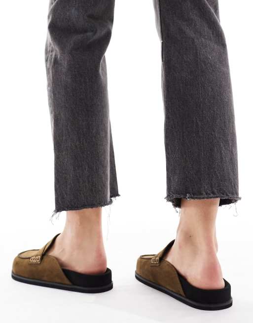 London Rebel Violet slip on mules in olive suedette