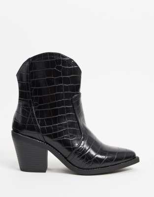 asos design coral leather western boots in black