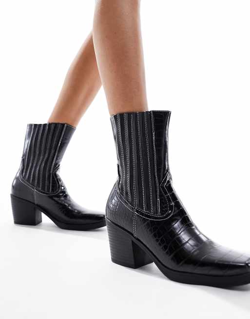 London Rebel western boots in black croc ASOS