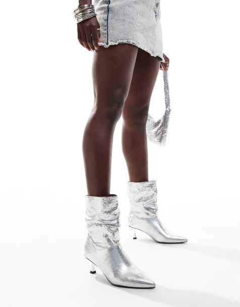 London Rebel Whitney slouchy kitten heel boots in silver - view 1