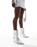 [London Rebel] London Rebel Whitney slouchy kitten heel boots in silver-Black 39 SILVER