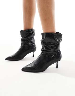 London Rebel Whitney wide fit slouchy kitten heel boots in black