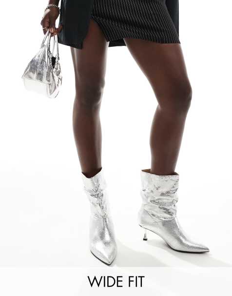 London Rebel Whitney wide fit slouchy kitten heel boots in silver - view 1
