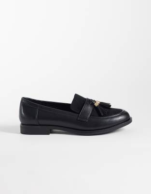 London Rebel Wide Fit Amber Tassel Penny Loafers In Black