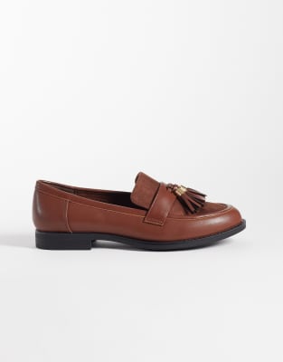 London Rebel Wide Fit Amber Tassel Penny Loafers In Brown