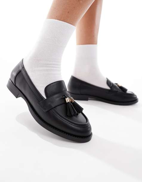 London Rebel Wide Fit Amelia tassel penny loafers in black - view 1