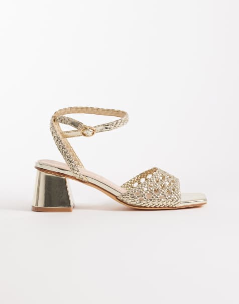 London Rebel Wide Fit Anita block heeled woven sandal in gold - view 1