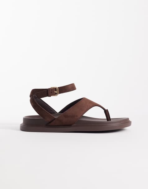 London Rebel Wide Fit Anya thong sandals with ankle strap and buckle detail in choc micro - view 1