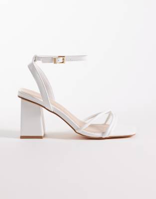 London Rebel Wide Fit Ash strappy mid block heeled sandals in white